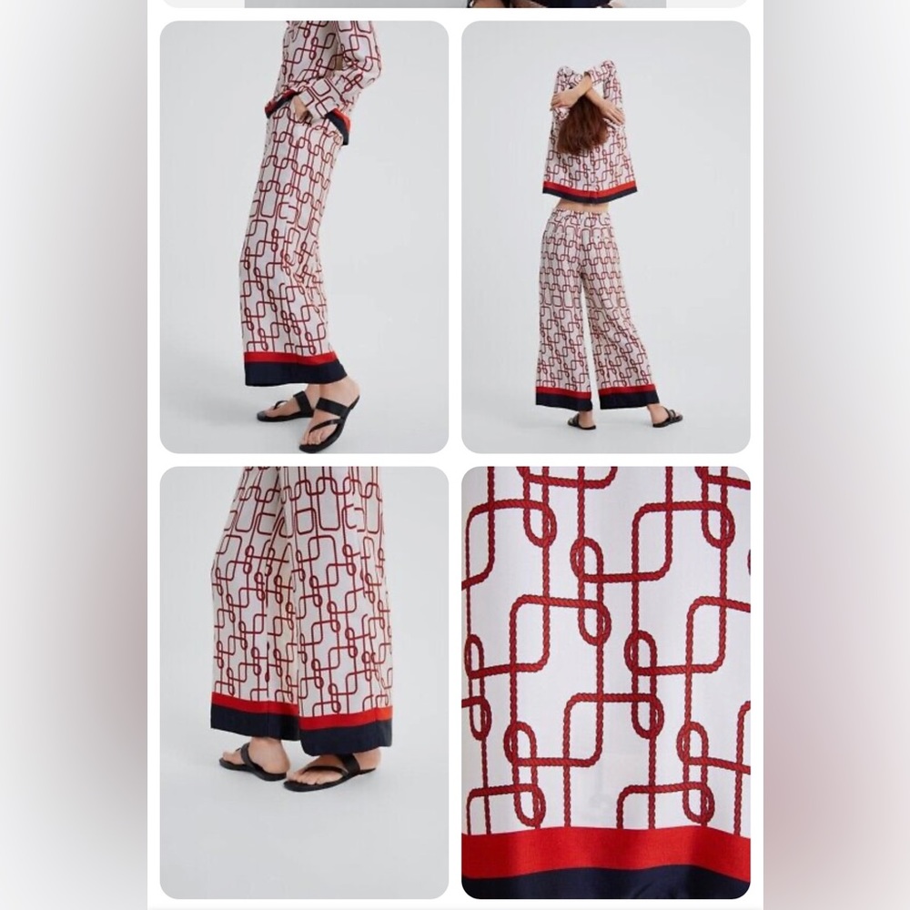 Zara 2 piece set women string prints blouse pleated bow tie and pants Size L